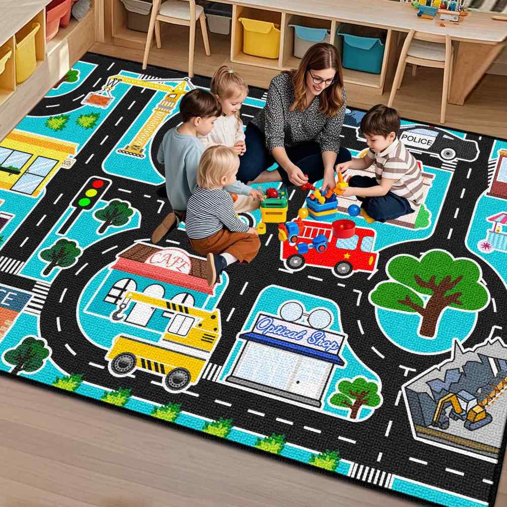 Cyan City Construction Crane Police Road Kids Play Mat for Boys Room | CozyLil