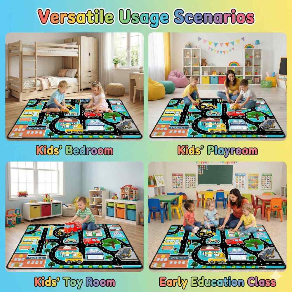 Cyan City Construction Crane Police Road Kids Play Mat for Boys Room | CozyLil