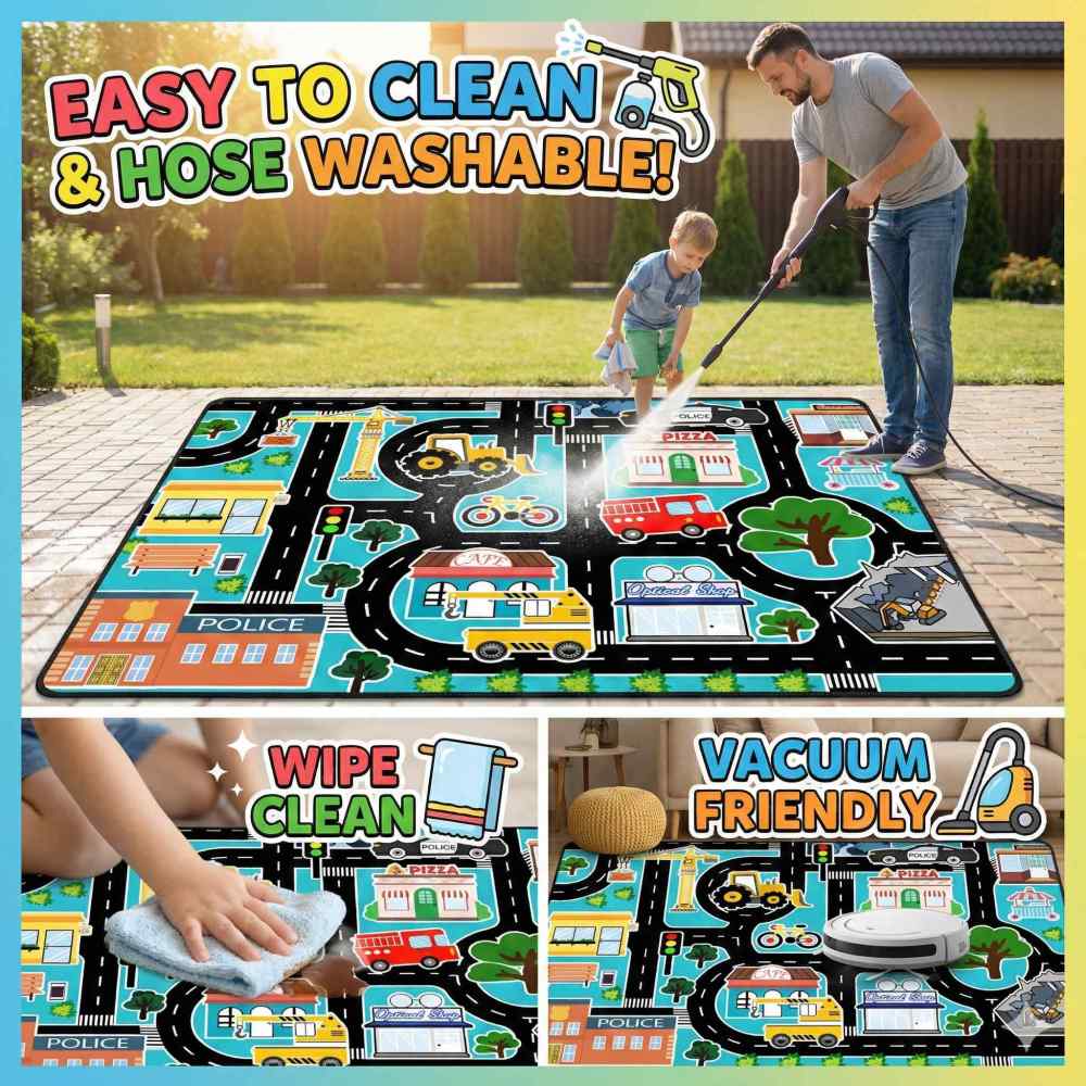 Cyan City Construction Crane Police Road Kids Play Mat for Boys Room | CozyLil