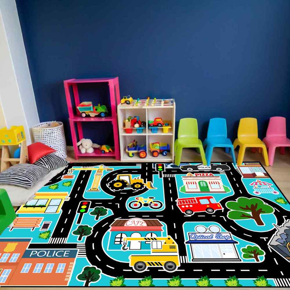 Cyan City Construction Crane Police Road Kids Play Mat for Boys Room | CozyLil