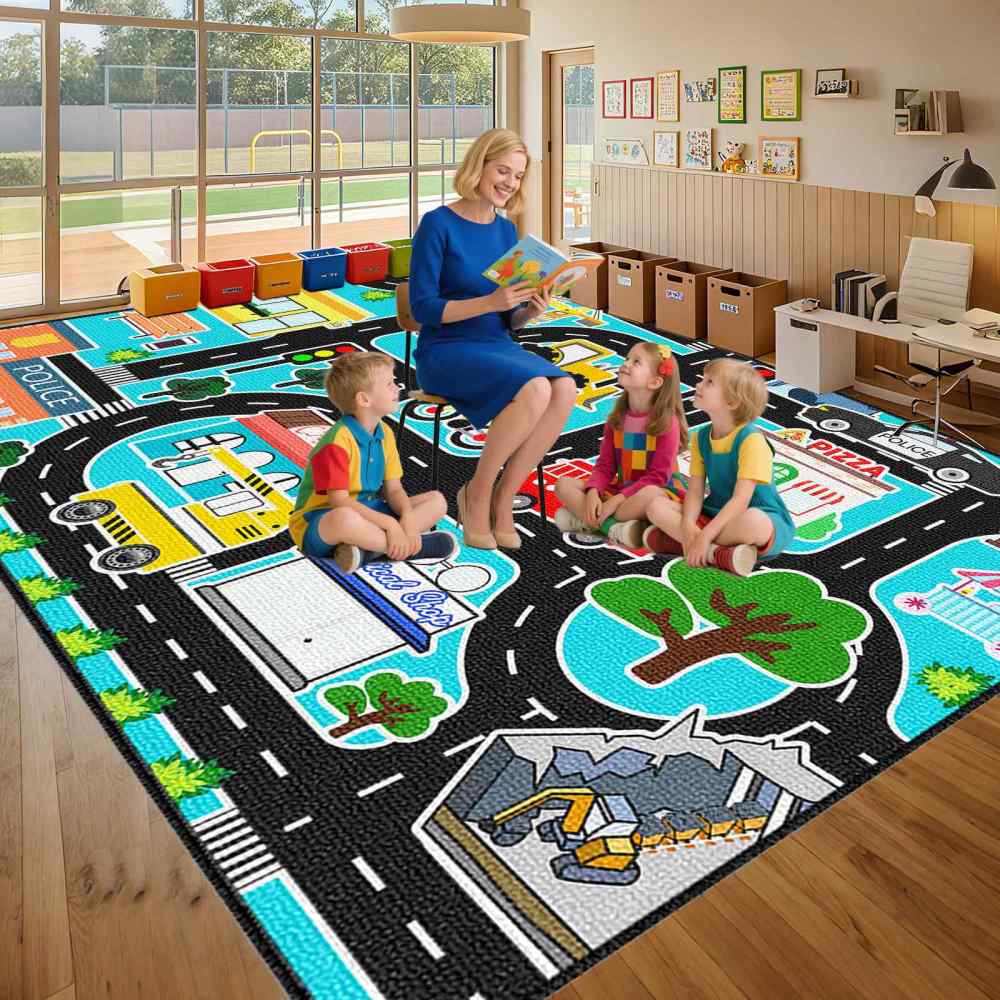 Cyan City Construction Crane Police Road Kids Play Mat for Boys Room | CozyLil