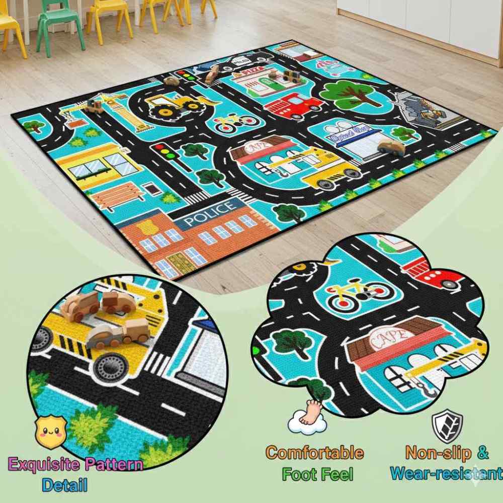 Cyan City Construction Crane Police Road Kids Play Mat for Boys Room | CozyLil