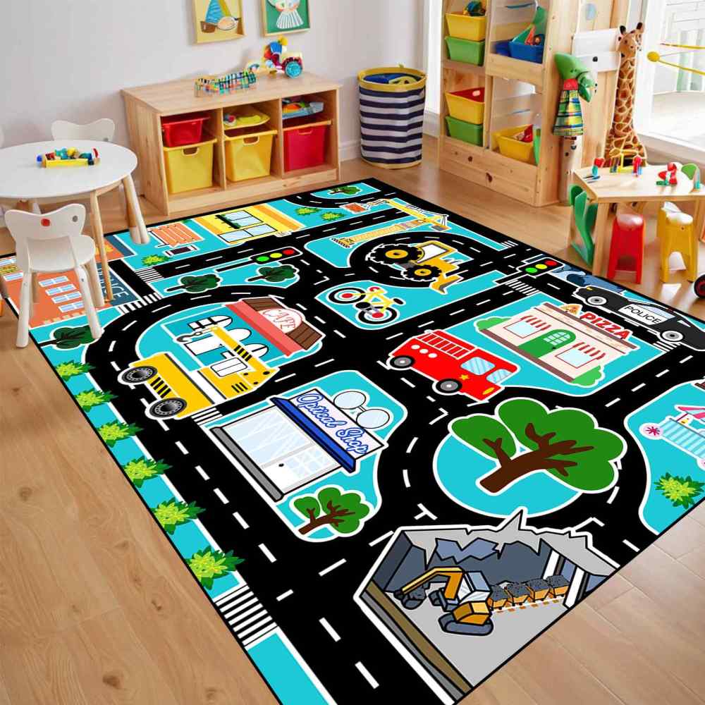Cyan City Construction Crane Police Road Kids Play Mat for Boys Room | CozyLil
