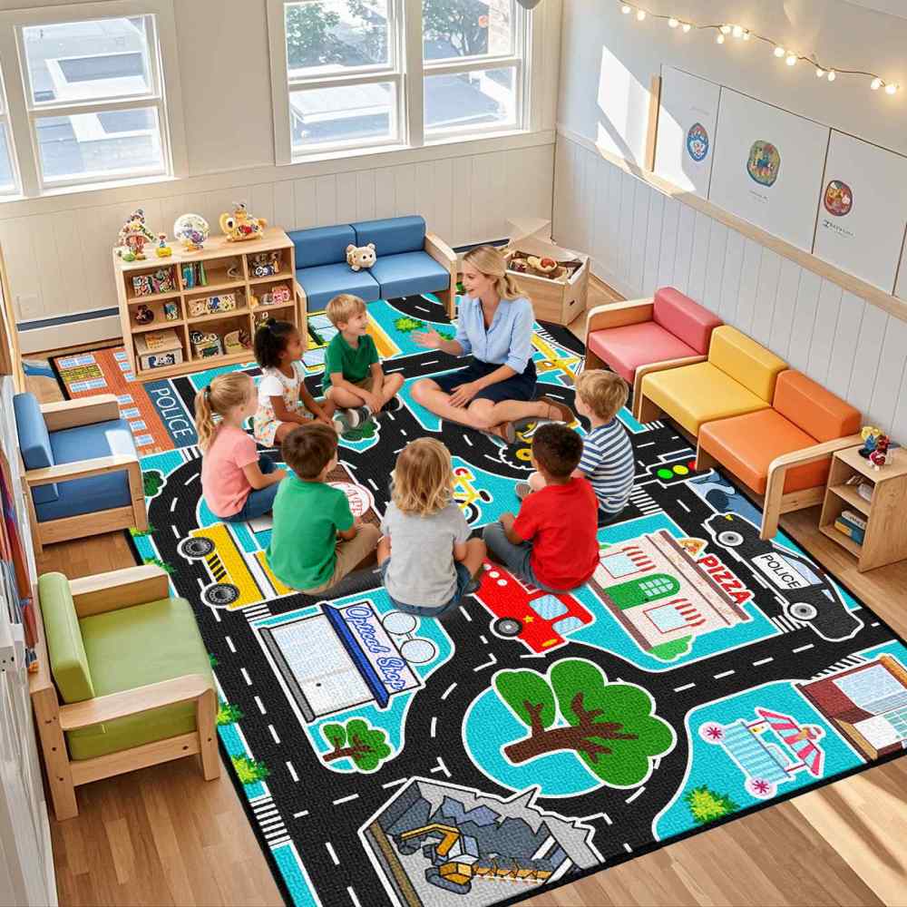 Cyan City Construction Crane Police Road Kids Play Mat for Boys Room | CozyLil
