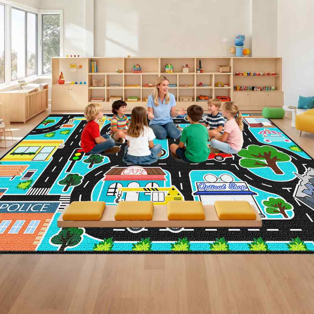 Cyan City Construction Crane Police Road Kids Play Mat for Boys Room | CozyLil