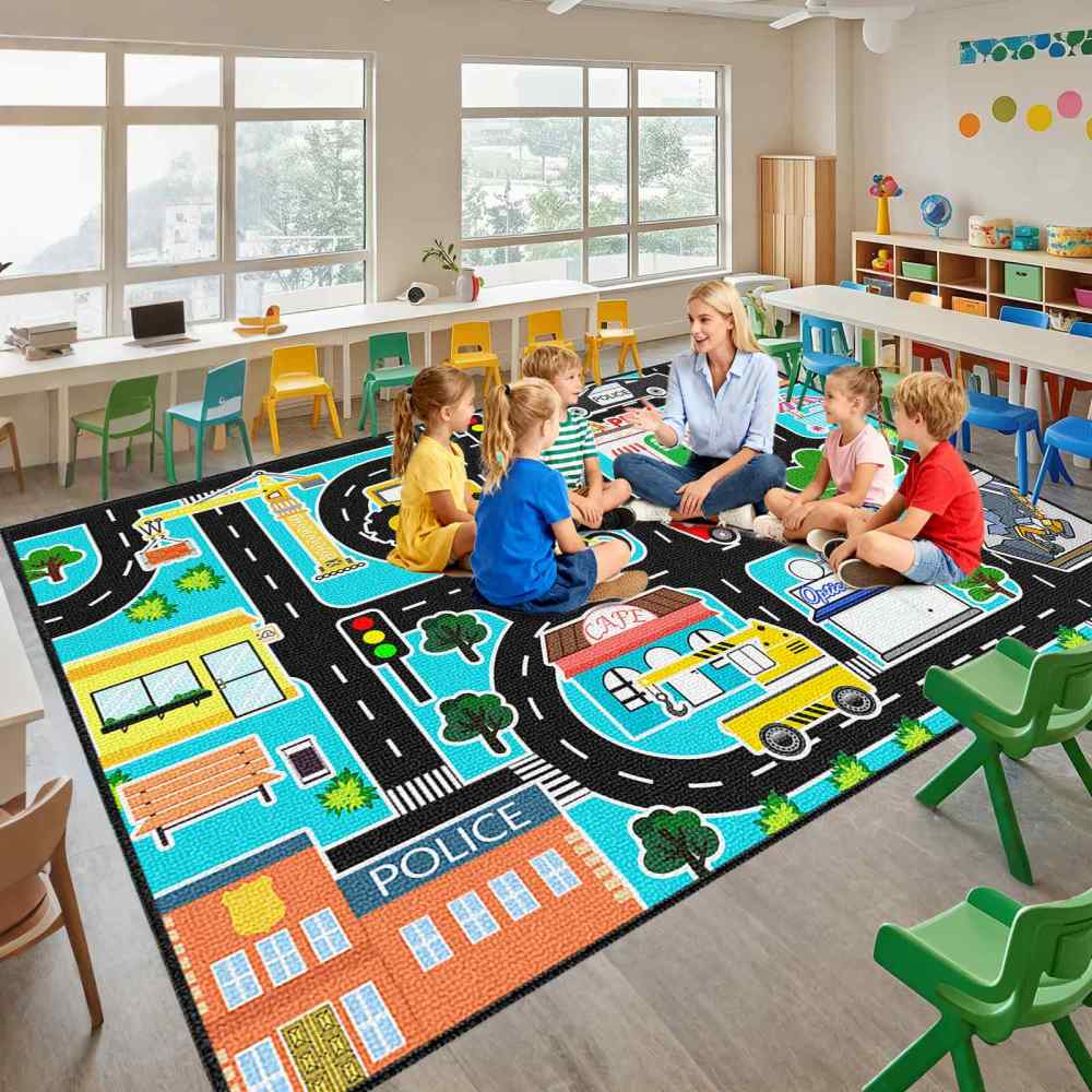 Cyan City Construction Crane Police Road Kids Play Mat for Boys Room | CozyLil