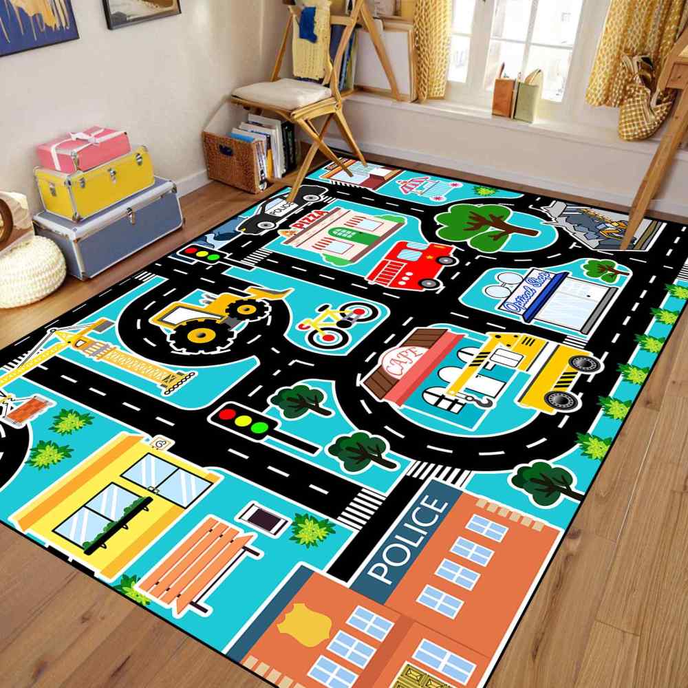 Cyan City Construction Crane Police Road Kids Play Mat for Boys Room | CozyLil