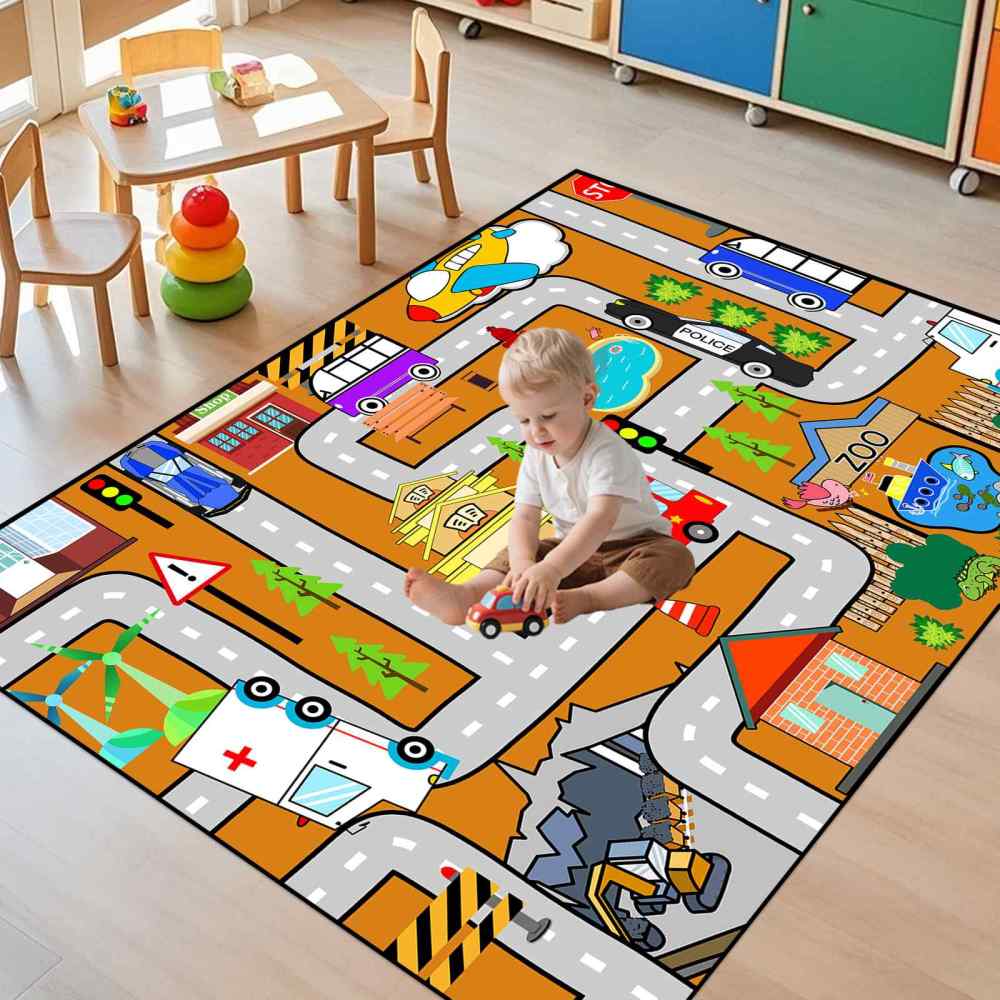 Orange City Traffic Rescue Vehicles Kids Play Mat for Boys Playroom | CozyLil