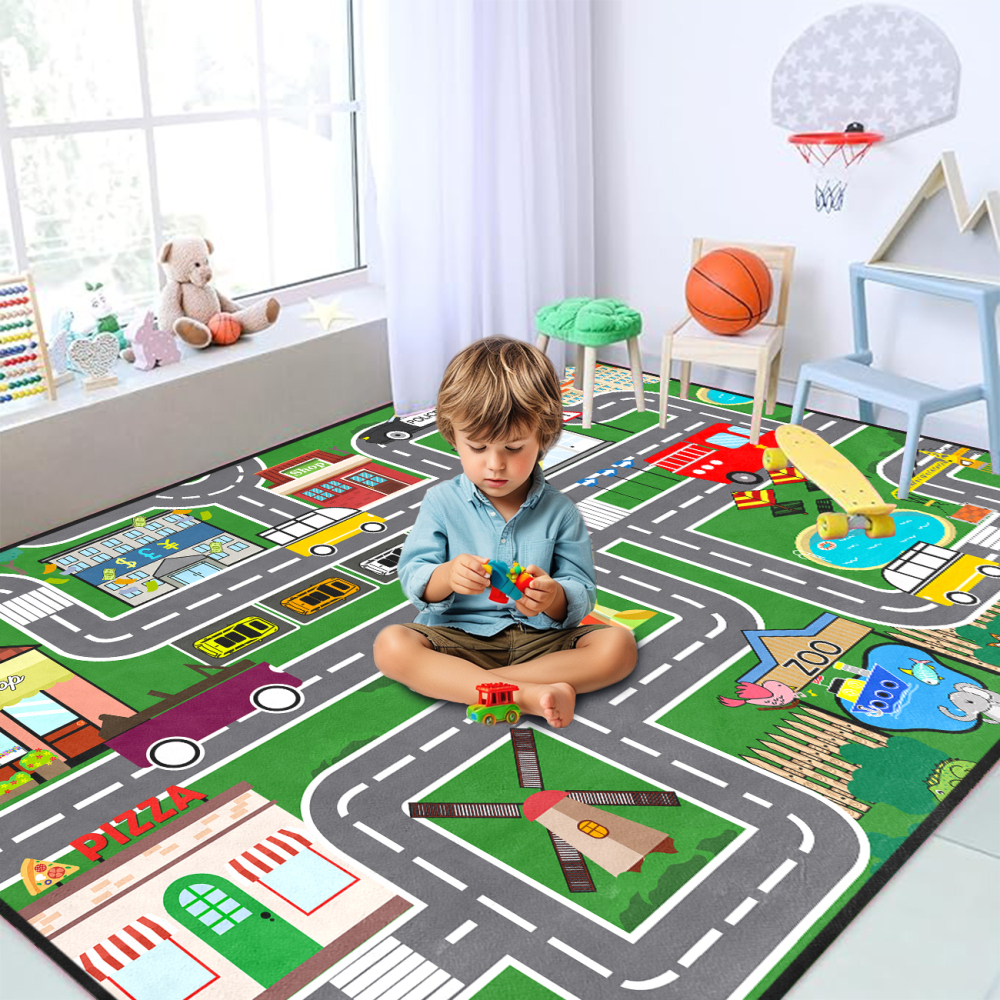Green Zoo and City Road Map Kids Play Mat for Boys Room | CozyLil