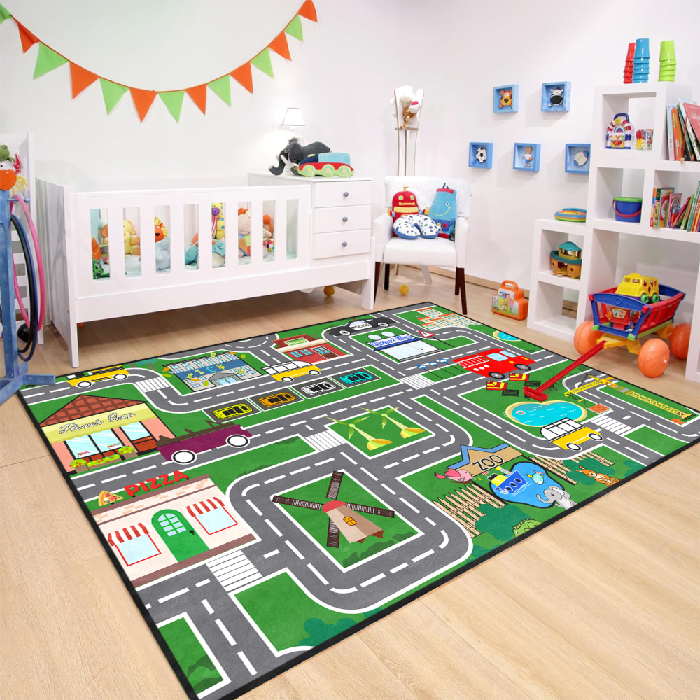 Green Zoo and City Road Map Kids Play Mat for Boys Room | CozyLil