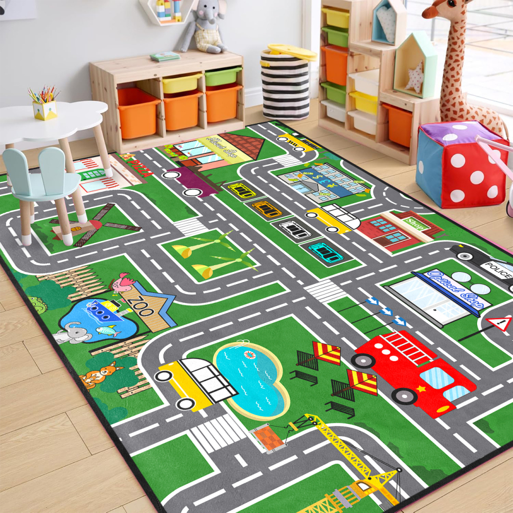 Green Zoo and City Road Map Kids Play Mat for Boys Room | CozyLil