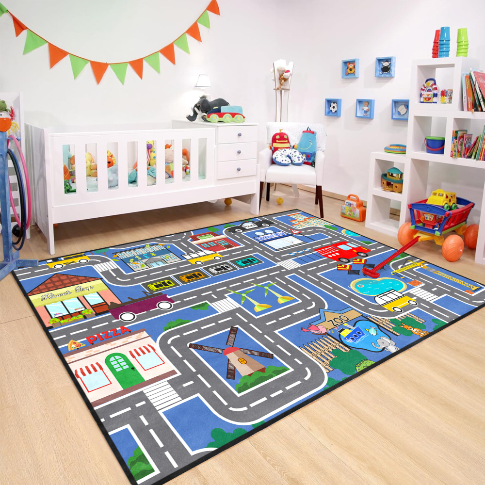 Blue Zoo and Traffic Road Map Boys Playroom Mat | CozyLil