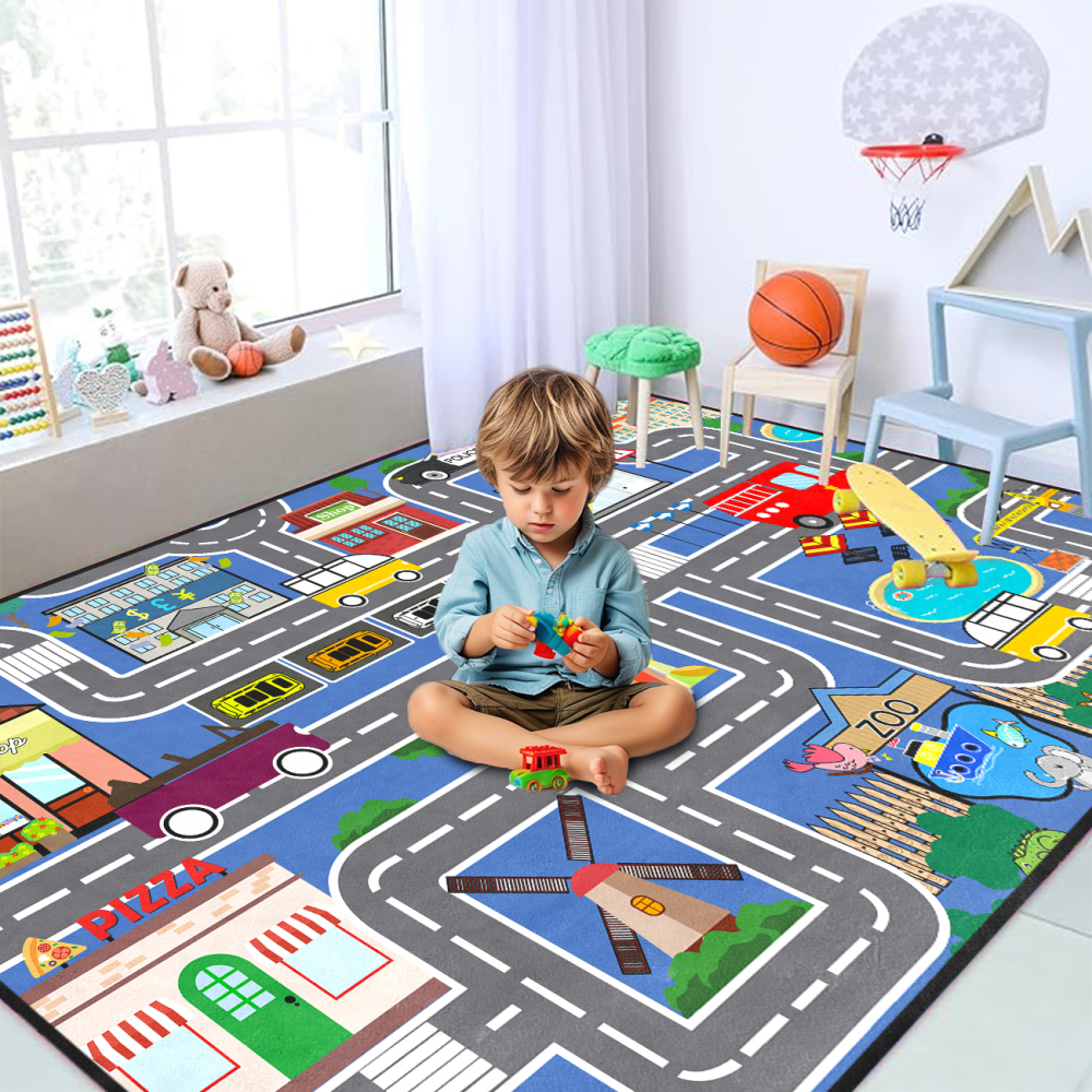 Blue Zoo and Traffic Road Map Boys Playroom Mat | CozyLil