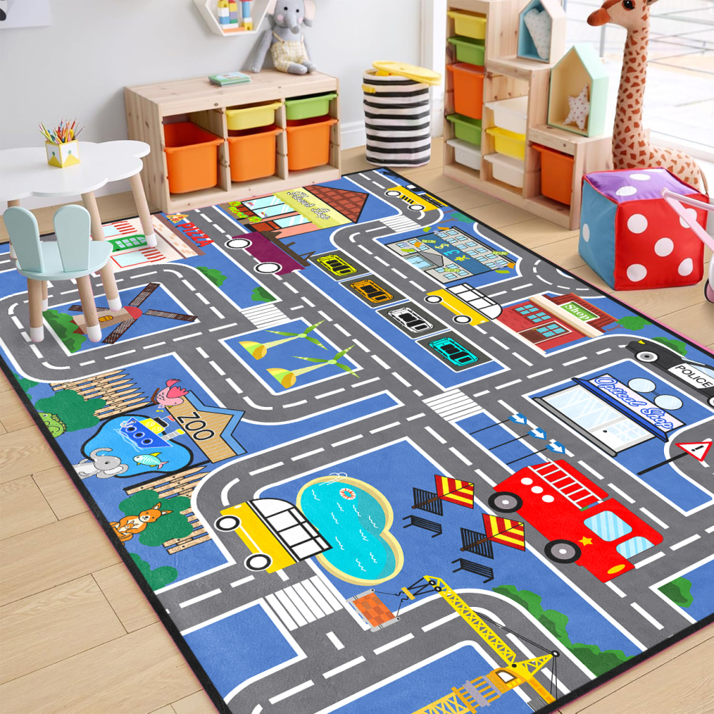 Blue Zoo and Traffic Road Map Boys Playroom Mat | CozyLil