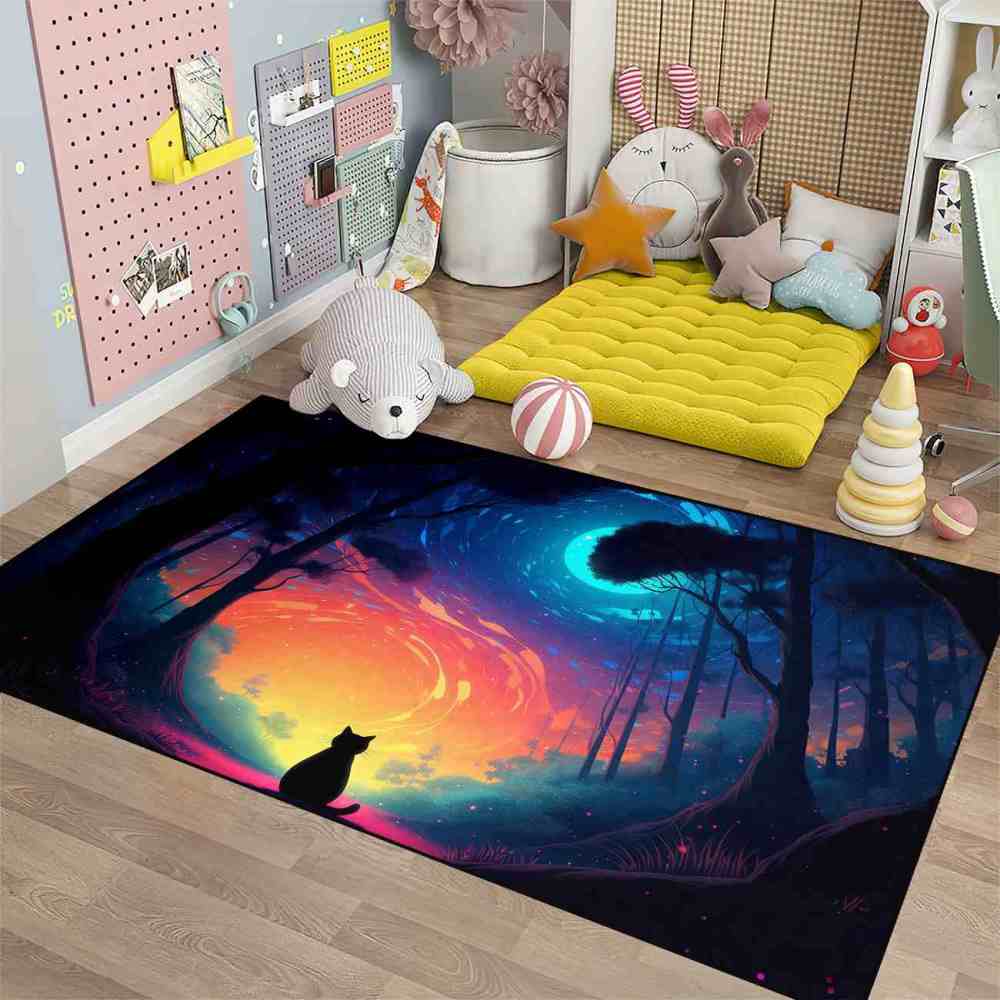 Magical Starry Forest Cat Silhouette Kids Play Mat for Playroom | CozyLil