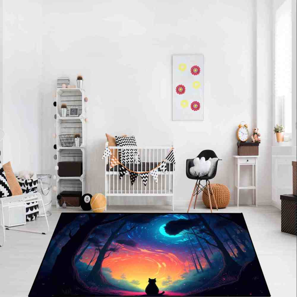 Magical Starry Forest Cat Silhouette Kids Play Mat for Playroom | CozyLil
