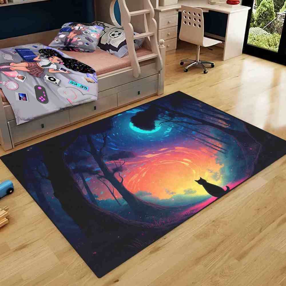 Magical Starry Forest Cat Silhouette Kids Play Mat for Playroom | CozyLil