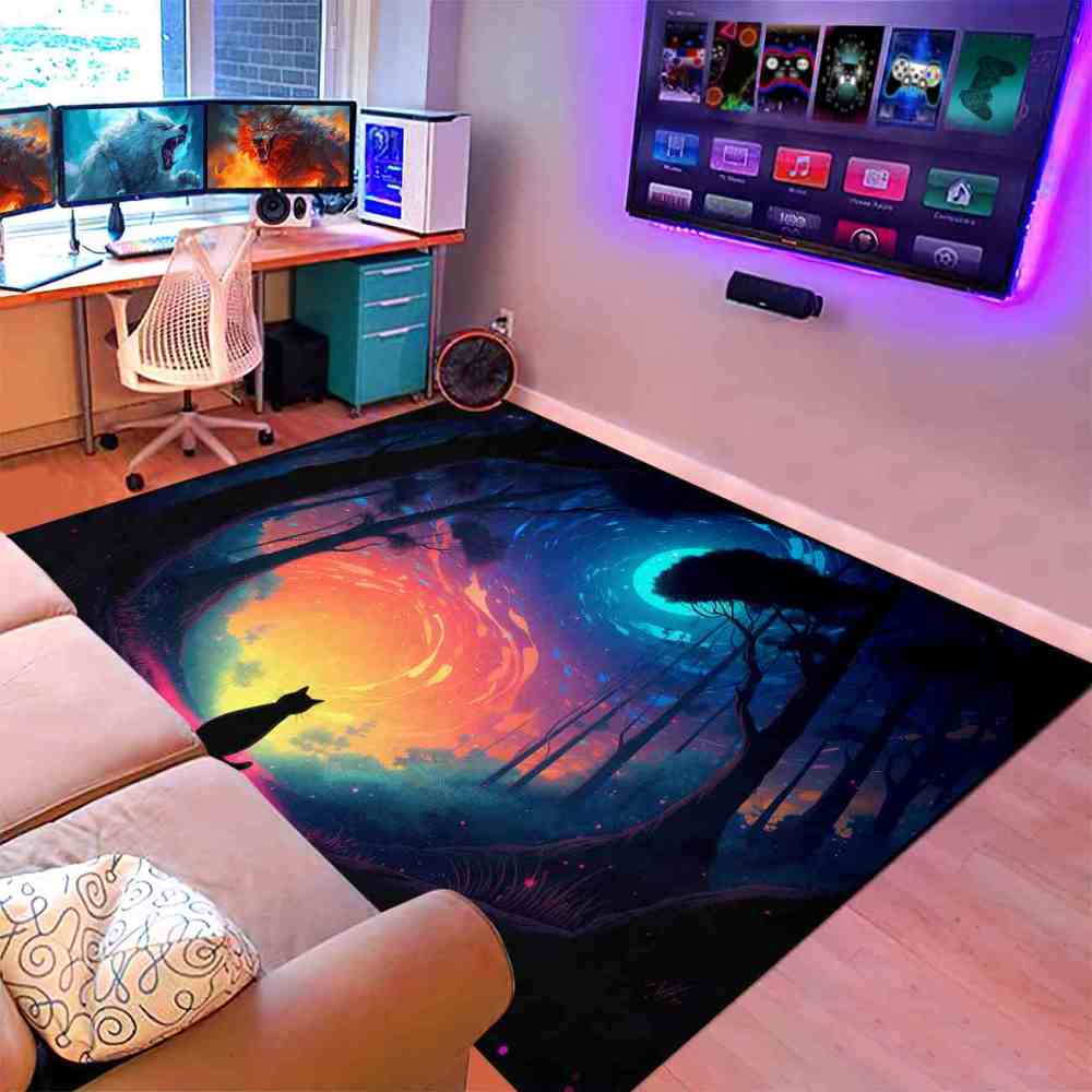 Magical Starry Forest Cat Silhouette Kids Play Mat for Playroom | CozyLil