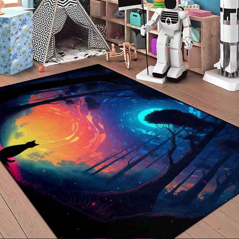 Magical Starry Forest Cat Silhouette Kids Play Mat for Playroom | CozyLil