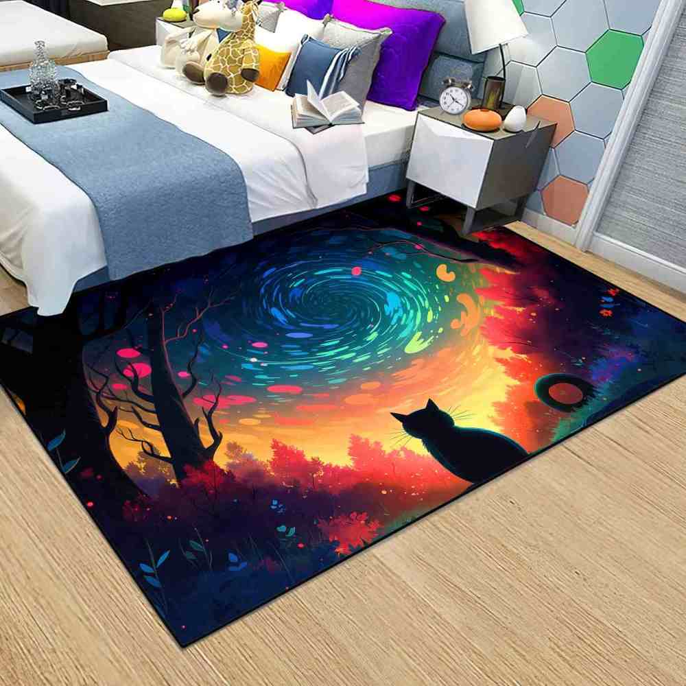 Vibrant Aurora Forest Cat Area Rug for Girls Bedroom | CozyLil