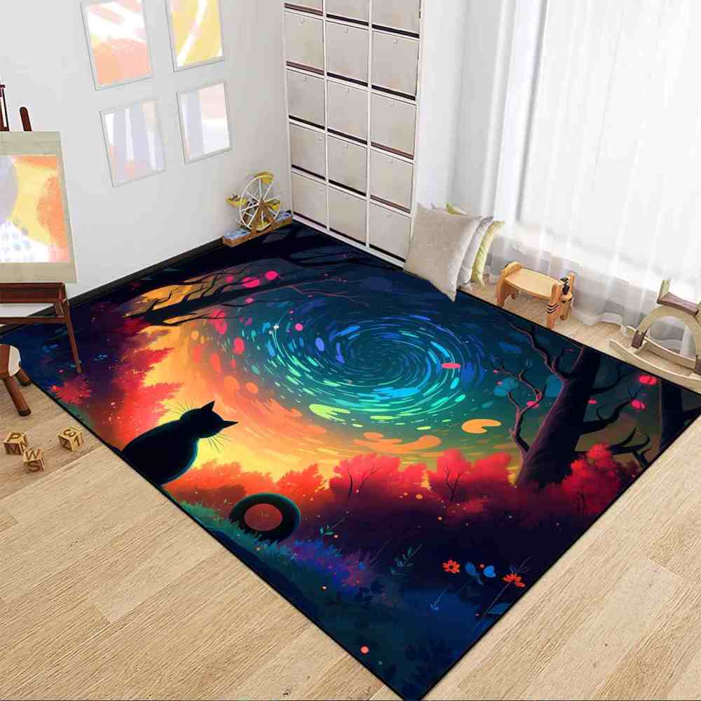 Vibrant Aurora Forest Cat Area Rug for Girls Bedroom | CozyLil