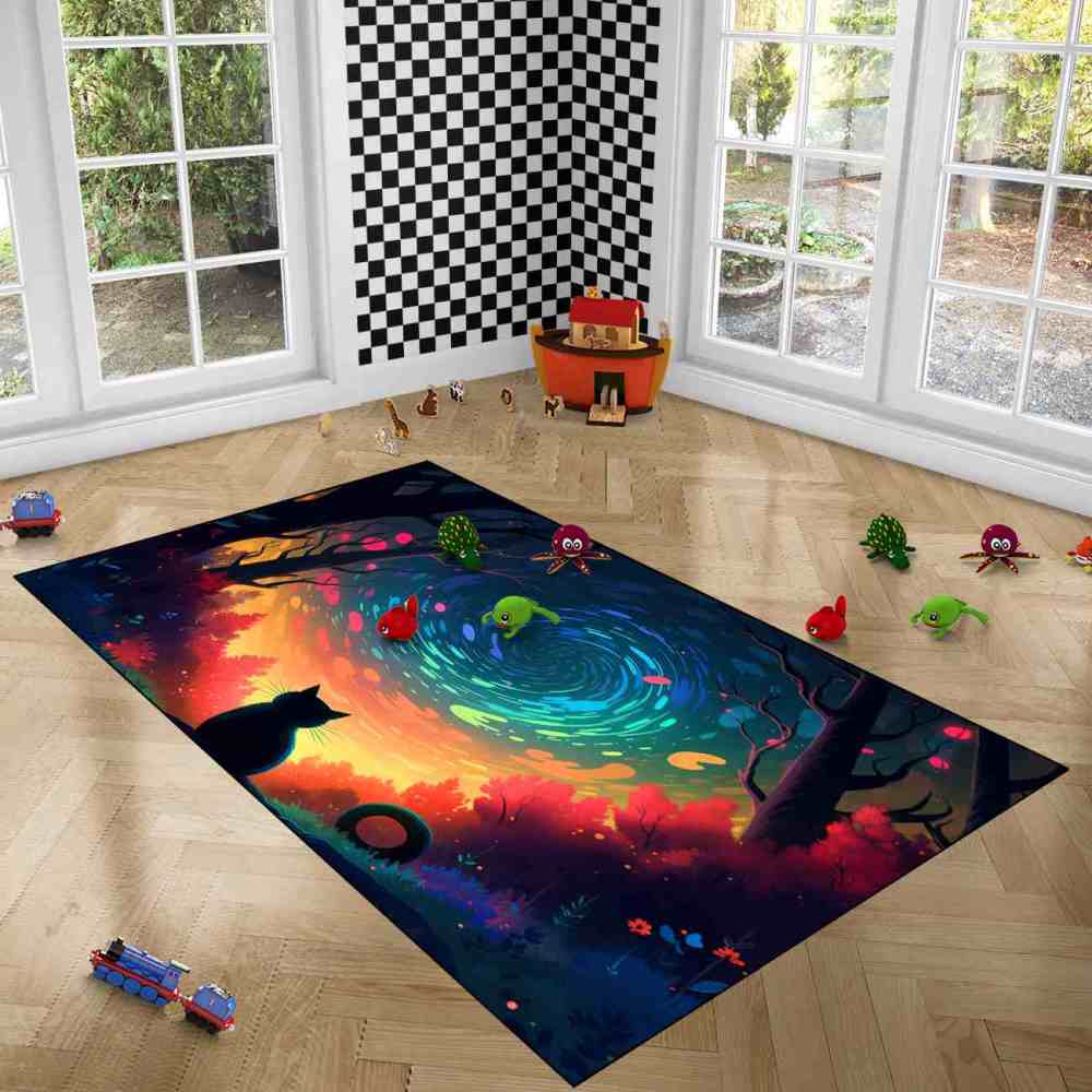 Vibrant Aurora Forest Cat Area Rug for Girls Bedroom | CozyLil