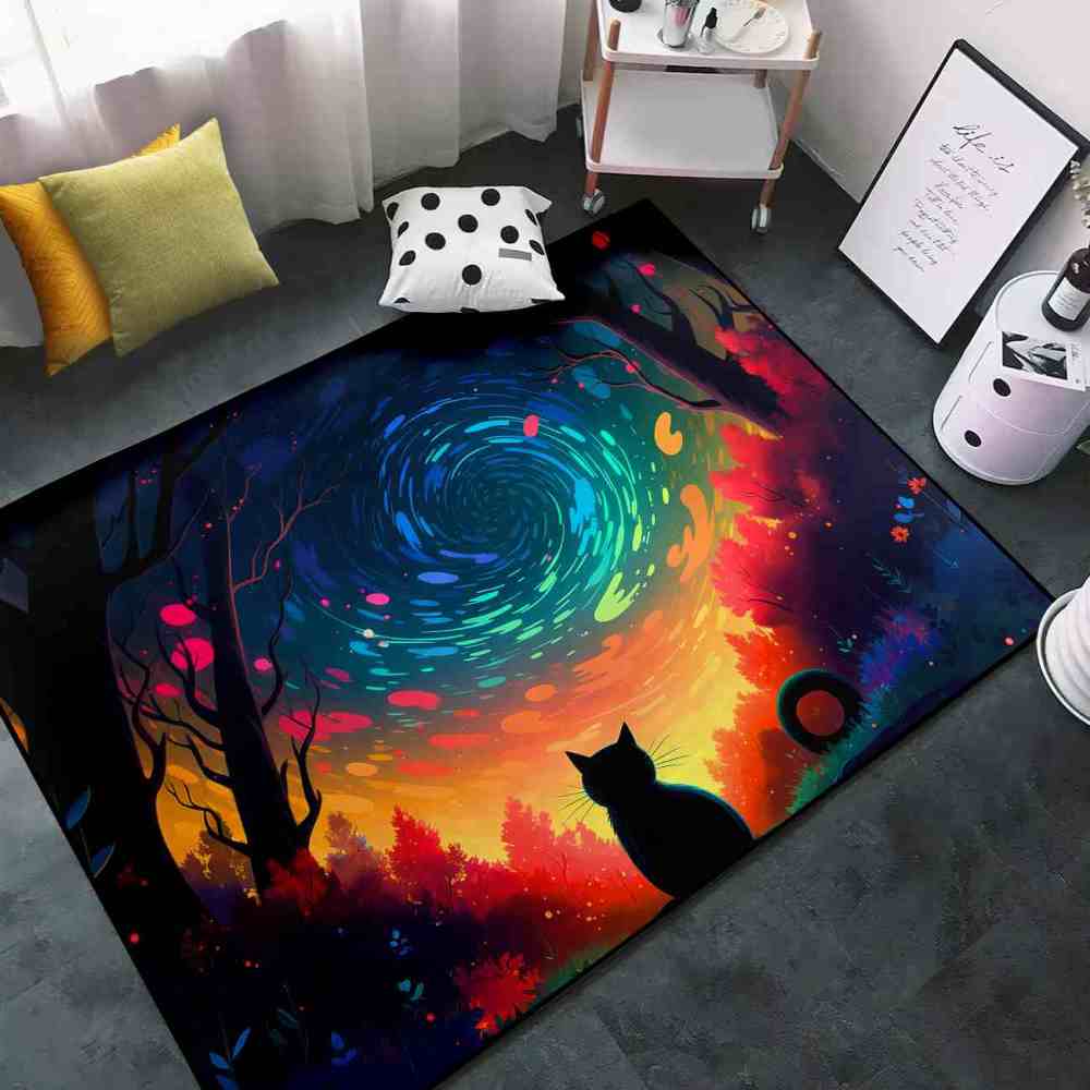 Vibrant Aurora Forest Cat Area Rug for Girls Bedroom | CozyLil