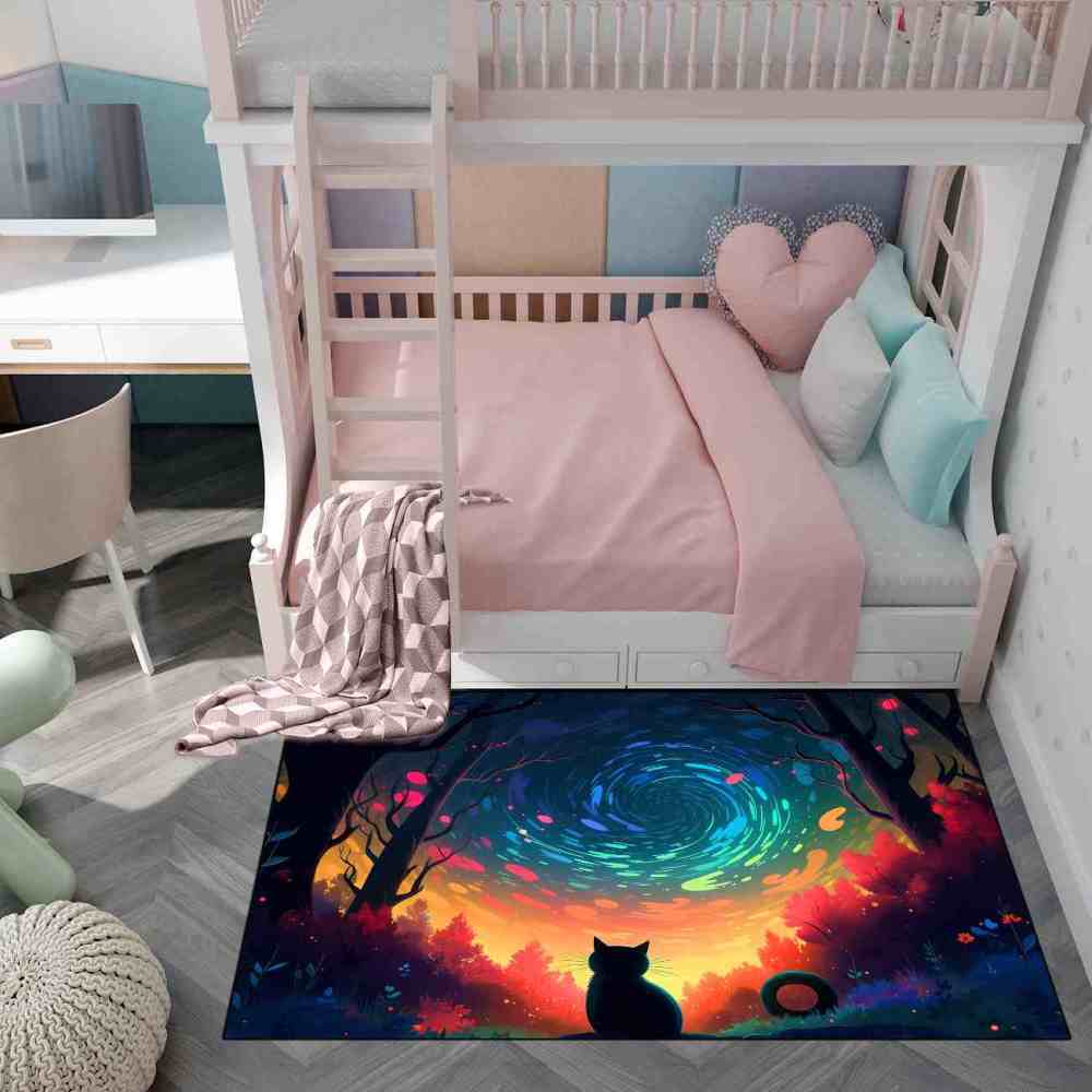 Vibrant Aurora Forest Cat Area Rug for Girls Bedroom | CozyLil