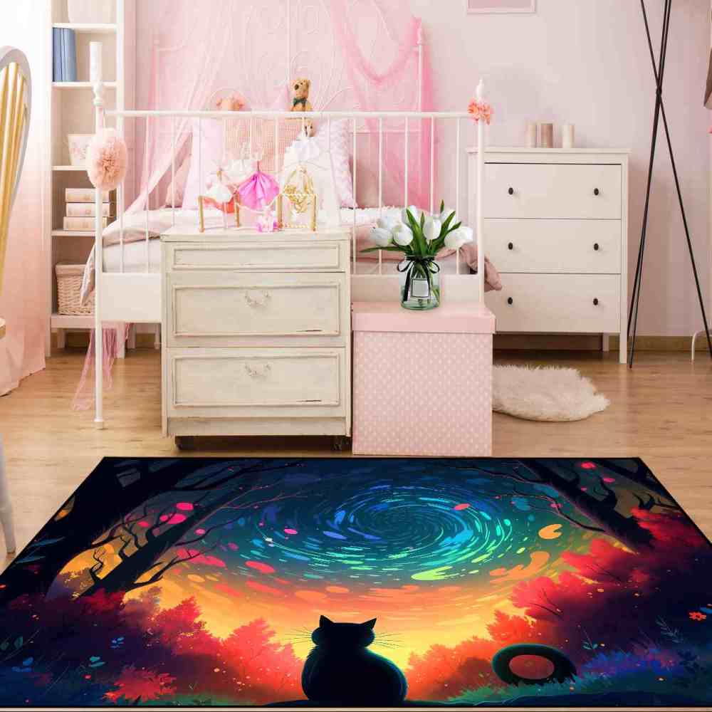 Vibrant Aurora Forest Cat Area Rug for Girls Bedroom | CozyLil