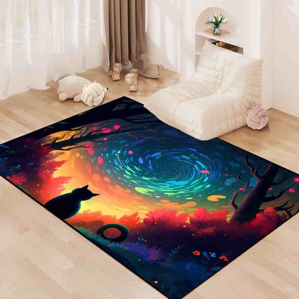 Vibrant Aurora Forest Cat Area Rug for Girls Bedroom | CozyLil