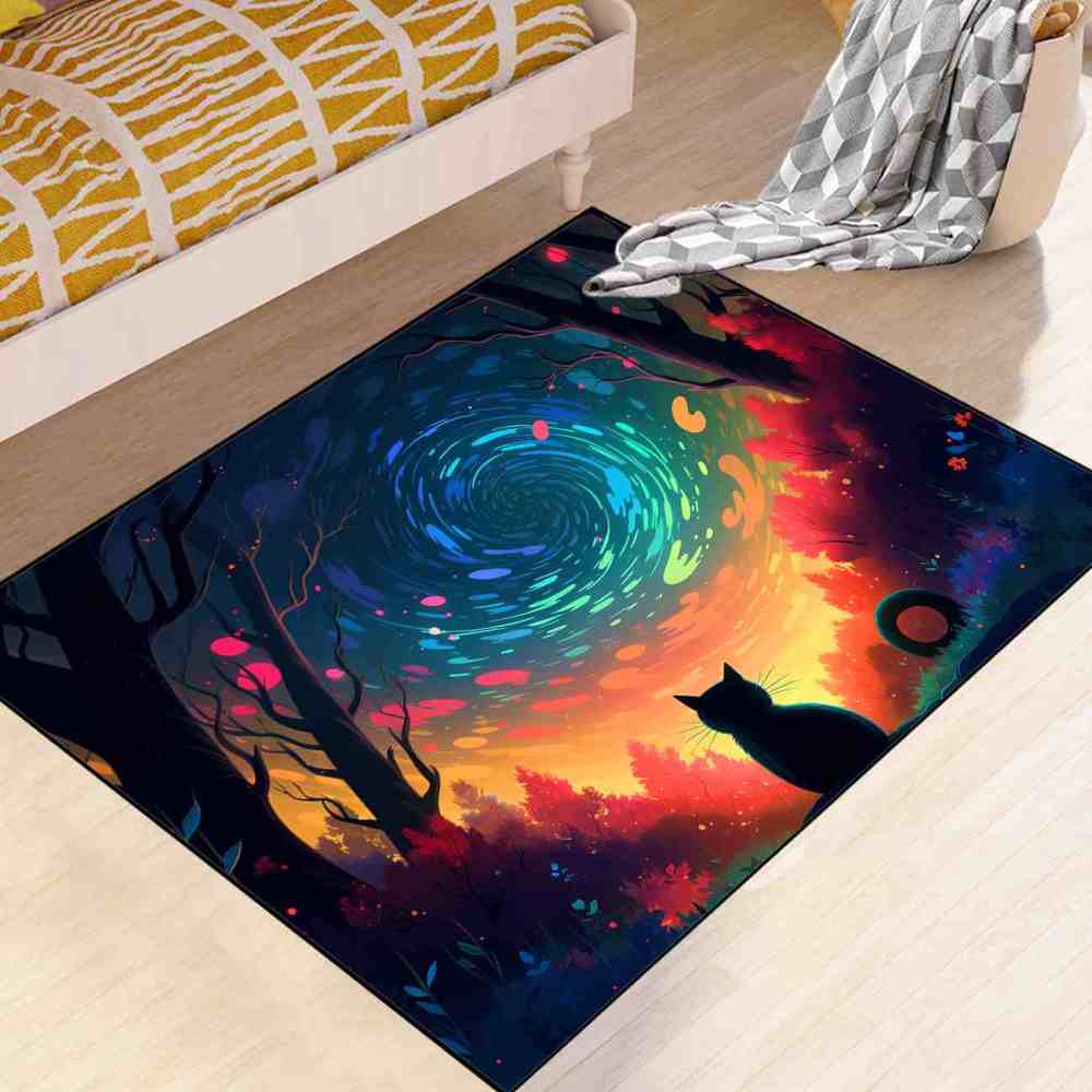 Vibrant Aurora Forest Cat Area Rug for Girls Bedroom | CozyLil