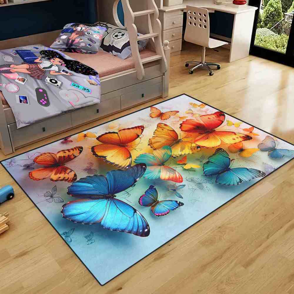 Elegant Blue Butterfly Kids Area Rug Girls Bedroom Nursery Mat | CozyLil