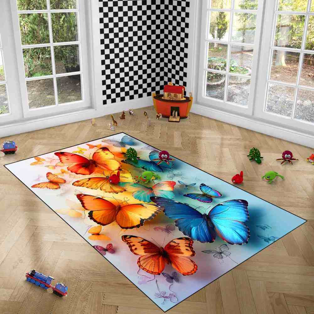 Elegant Blue Butterfly Kids Area Rug Girls Bedroom Nursery Mat | CozyLil