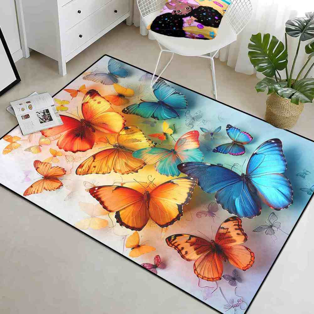 Elegant Blue Butterfly Kids Area Rug Girls Bedroom Nursery Mat | CozyLil