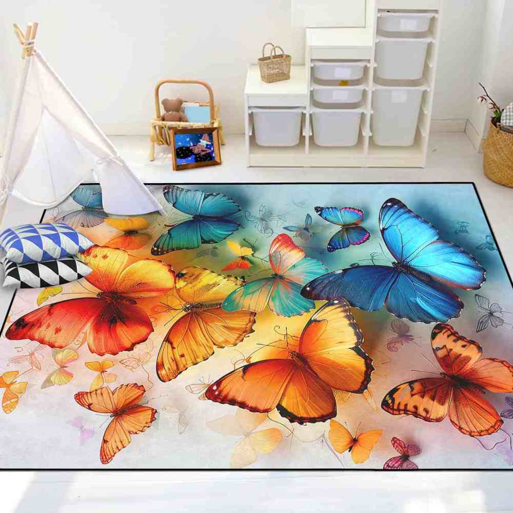 Elegant Blue Butterfly Kids Area Rug Girls Bedroom Nursery Mat | CozyLil