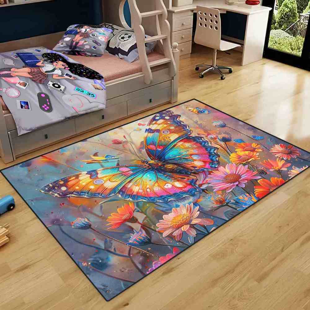 Vibrant Floral Butterfly Kids Area Rug Girls Bedroom Nursery Mat | CozyLil