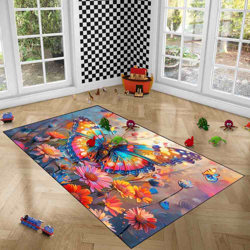 Vibrant Floral Butterfly Kids Area Rug Girls Bedroom Nursery Mat | CozyLil