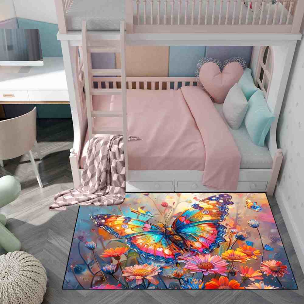 Vibrant Floral Butterfly Kids Area Rug Girls Bedroom Nursery Mat | CozyLil