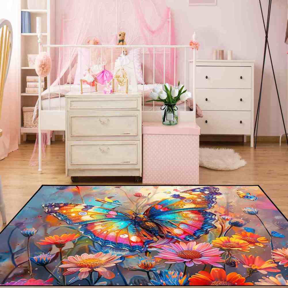 Vibrant Floral Butterfly Kids Area Rug Girls Bedroom Nursery Mat | CozyLil