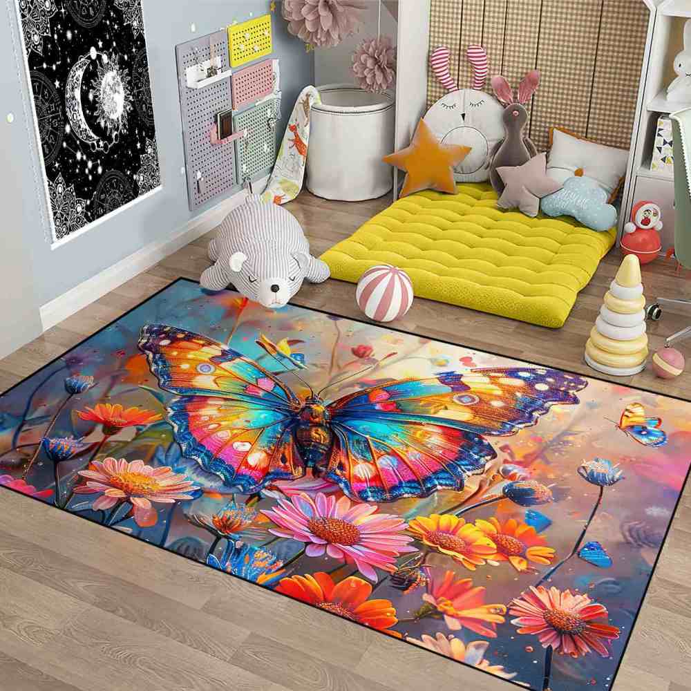 Vibrant Floral Butterfly Kids Area Rug Girls Bedroom Nursery Mat | CozyLil