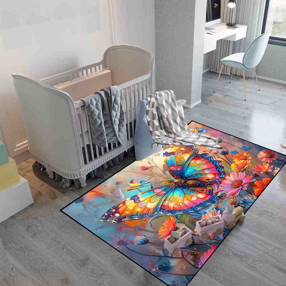 Vibrant Floral Butterfly Kids Area Rug Girls Bedroom Nursery Mat | CozyLil