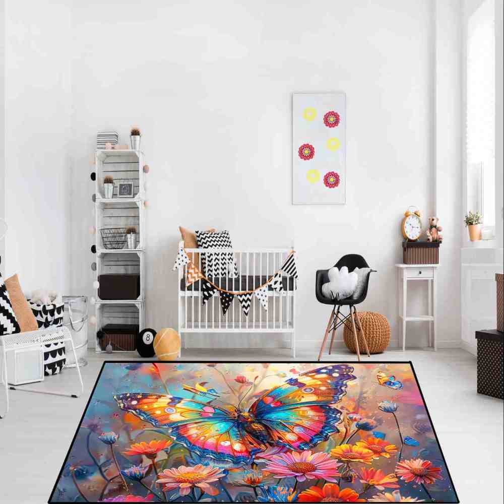 Vibrant Floral Butterfly Kids Area Rug Girls Bedroom Nursery Mat | CozyLil