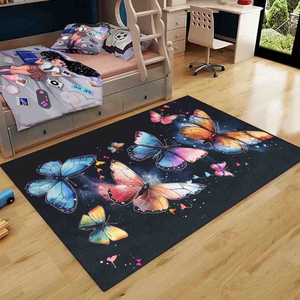 Vibrant Painted Butterfly Kids Rug Girls Playroom Nursery Mat | CozyLil