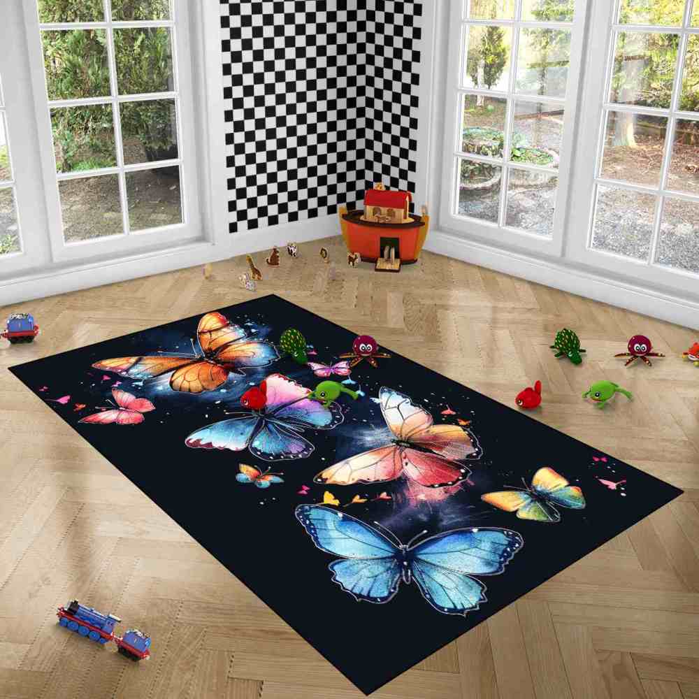 Vibrant Painted Butterfly Kids Rug Girls Playroom Nursery Mat | CozyLil