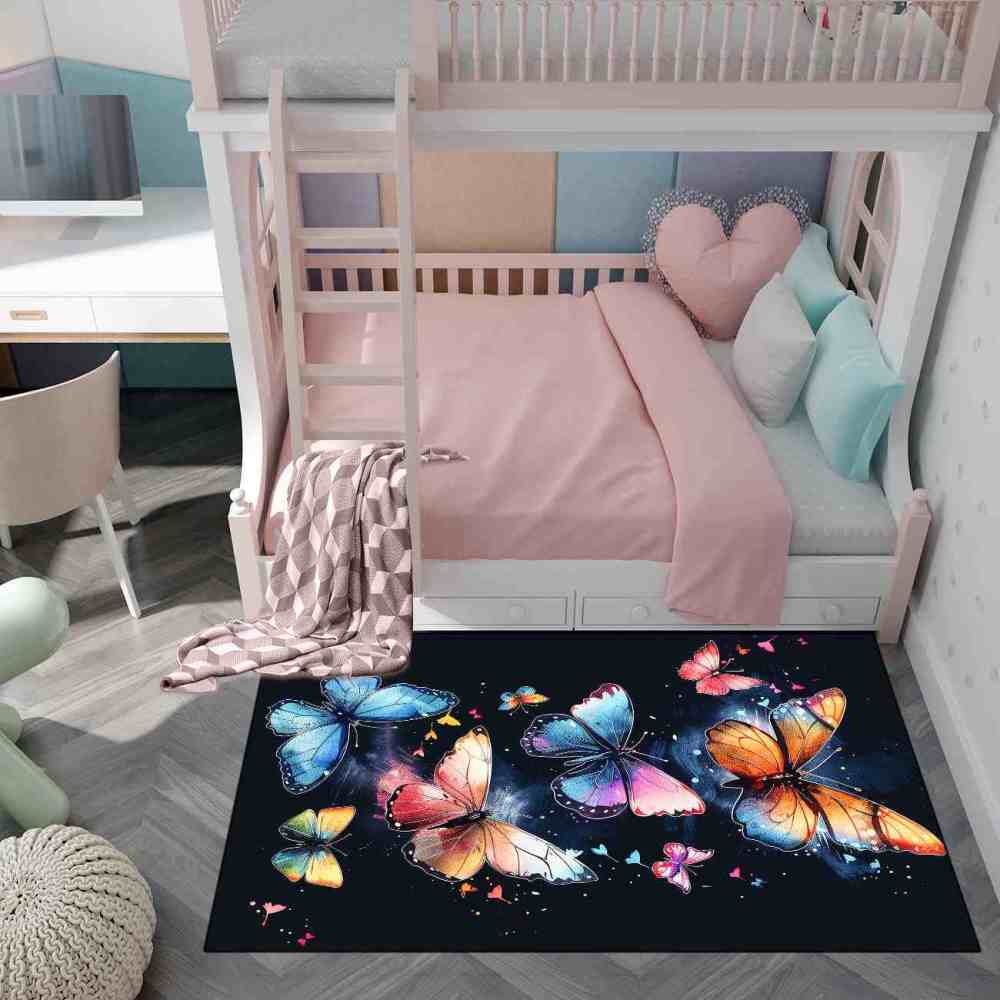 Vibrant Painted Butterfly Kids Rug Girls Playroom Nursery Mat | CozyLil