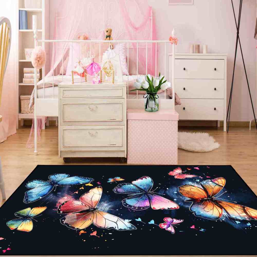 Vibrant Painted Butterfly Kids Rug Girls Playroom Nursery Mat | CozyLil