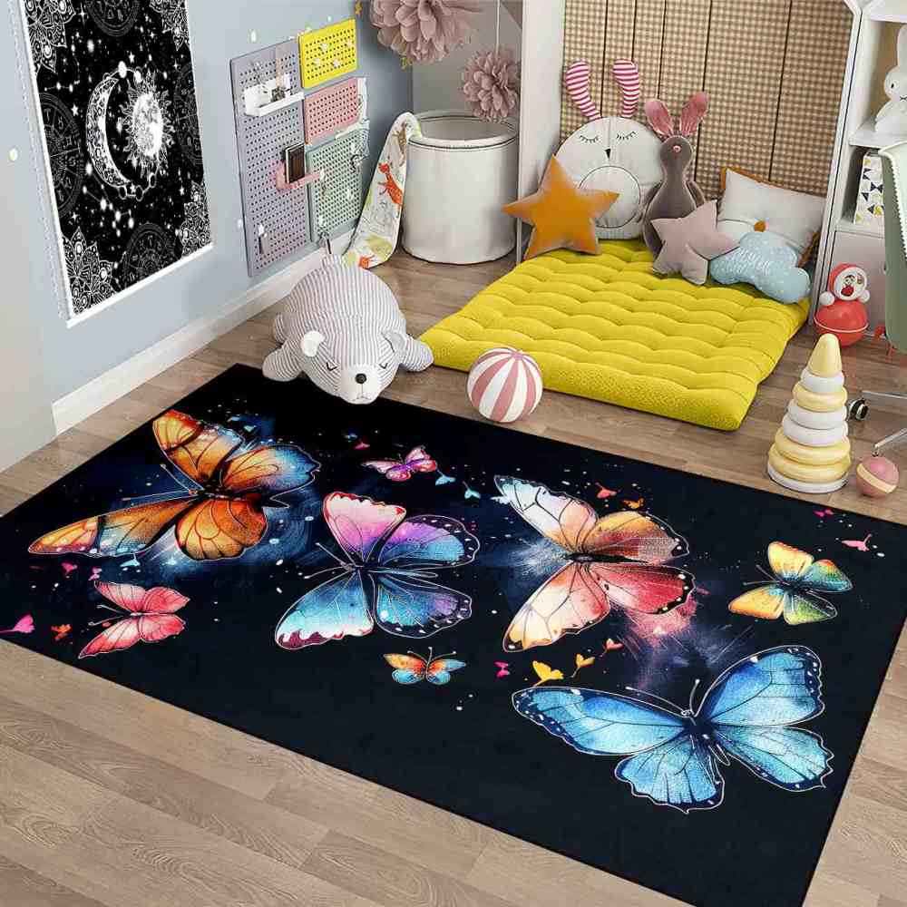 Vibrant Painted Butterfly Kids Rug Girls Playroom Nursery Mat | CozyLil