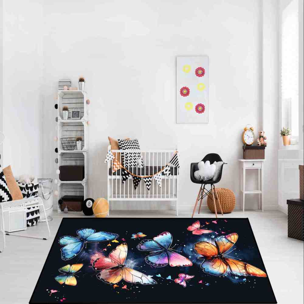 Vibrant Painted Butterfly Kids Rug Girls Playroom Nursery Mat | CozyLil