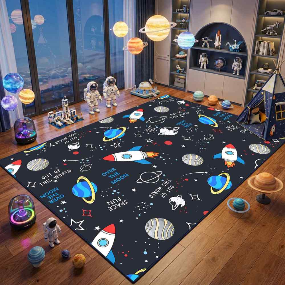 Cartoon Rocket Space Fun Nursery Area Rug for Toddler Boys | CozyLil