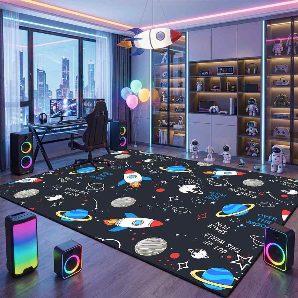 Cartoon Rocket Space Fun Nursery Area Rug for Toddler Boys | CozyLil